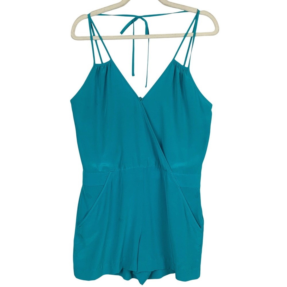 Armani Exchange 100% Silk Wrap Front Romper Sz 8 Teal Blue Spaghetti Strap